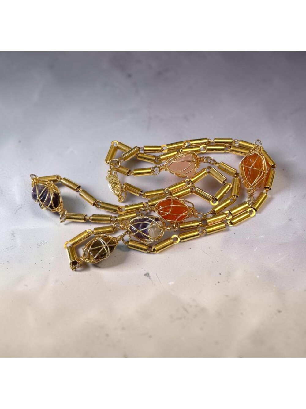 Long Gold Tone Necklace With Caged Gemstones Vintage Station Necklace Amethyst